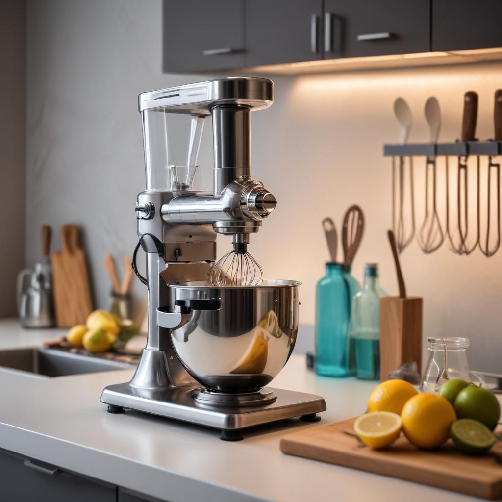 Mixeur plongeur avec ses accessoires sur un plan de travail en cuisine